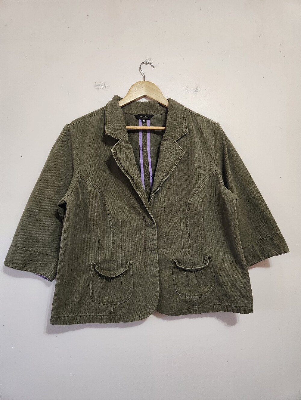 Vintage Cotton Ginny Olive Green Canvas Utility Shacket Ruched Pockets S Plus/1X